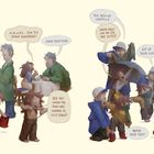 Sprechblasen mit Dialogen: Kinder fragen, ob sie draußen spielen können. Eltern antworten, fordern Mantel und Regenschirm. Illustrativ.