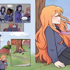 Dialoge: "Um...", "...okay?", "Weirdo", Geräusch: "whoooosh". Illustration einer Schule, Mädchen entspannt unter einem Baum.