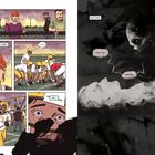 Linke Seite: Dialoge über ein Footballspiel. Rechte Seite: Dunkle Illustration mit einem Gesicht und düsteren Texten.