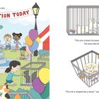 Text: "Then one day... PET ADOPTION TODAY." Kinder und Tiere in einem fröhlichen Adoptionsfest mit bunten Luftballons.