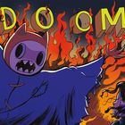 Text "DOOM!" in großen, gelben Buchstaben vor Flammen. Eine Figur mit Umhang überrascht eine zweite, mit dunklem Haar, beide in einer dramatischen Illustration.