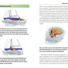 "Sinking vessel" steht oben auf beiden Seiten. Illustrationen zeigen ein sinkendes Boot und Personen, die in ein Rettungsfloß gelangen.