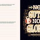 "No guts, no glory" in kunstvoller Schrift mit Rittern. Links zwei Fragen zu Reiseerfahrungen, begleitet von Schreiblinien.