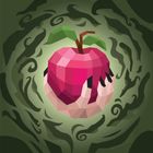 Keine Texte vorhanden. Illustration eines roten, facettierten Apfels, gehalten von Händen, umgeben von dunklen, wirbelnden Mustern.