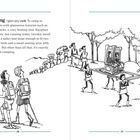 Definition von "glamping": Luxuriöses Camping mit Annehmlichkeiten. Illustration: Menschen tragen Thron durch den Wald.