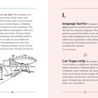 jet lag, language barrier, Las Vegas strip. Humorvolle Definitionen, links oben Zeichnung: Menschen und UFO.