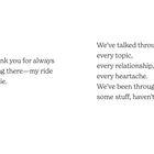 Links: "Thank you for always being there—my ride or die." Rechts: Dialog über gemeinsam Erlebtes. Unten Seitenzahlen.