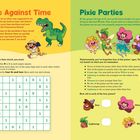 Links: "Race Against Time", 0-1-Rätsel mit Anweisungen. Rechts: "Pixie Parties", Altersrätsel mit Bildern von Feen.