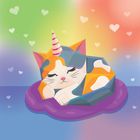Eine bunte Illustration einer schlafenden Katze mit einem Einhornhorn, umgeben von Herzen und einem regenbogenfarbenen Hintergrund.