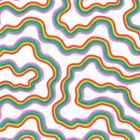 Wellige, bunte Regenbogenlinien auf weißem Hintergrund in einer fließenden, abstrakten Anordnung.