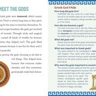 **MEET THE GODS** und **Greek God FAQs** mit Fragen über die griechischen Götter. Links Text, rechts Ornament und Tempel.