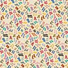 Illustration von bunten, verspielten Schuhen und Stiefeln in verschiedenen Farben und Mustern auf beigem Hintergrund.