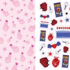 Links rosa Hintergrund mit Handgesten und Herzen. Rechts bunte Sticker, darunter Särge, Herzen und der Text "ENHYPEN".