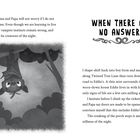 Links oben steht: „I know Mama and Papa will not worry...”. Rechts oben der Titel: „WHEN THERE ARE NO ANSWERS”. Illustration: Eine Fledermaus hängt kopfüber.