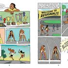 Texte: „Now that I'm almost in eighth grade...“, „WELCOME TO REGIONALS!“, „BLOOOWWWW!!!!“ Comic mit Sprinterinnen, Pokalen und Wettkampf.