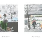 Texte: “When Tom rides the bus,” “Momo rides her bicycle.” Illustration: Links zwei Figuren im Bus, rechts Bus und Radfahrer.