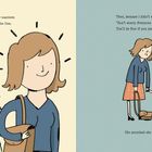 Links: Eine Frau versucht vorzudrängeln. Kinder sagen "HEY!" und "HUH?!". Rechts: Eine Mutter tröstet Kind, das seufzt.