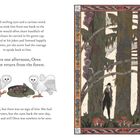 Texte: Oren hatte lächelnde Augen... Oren kehrte nicht aus dem Wald zurück... Leina wartete, aber er kam nicht zurück. Linke Seite: Zwei Eulen mit Nüssen, rechte Seite: Illustration eines Waldes mit einer Figur.