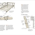 Textetappen für Bau: Messen, Schneiden, Befestigen von Holzbalken. Illustration zeigt Zwischengeschossrahmen, Winkelmessung.