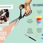 "STEP 1: GATHER YOUR SUPPLIES" und "PUTTING THE PIECES TOGETHER". Eine Hand hält eine große Schere.

