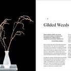 Text: "Gilded Weeds" und "WHAT YOU NEED: Dried weeds, gold/silver paint, brush, holder, acrylic spray." Links: Trockene Pflanzen in klaren Vasen.