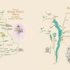 Links: "Some of Beatrix Potter's Places in England, Scotland, and Wales"; rechts: "near Windermere, Cumbria". Maps mit Illustrationen.