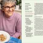 "Potato Gnocchi with Radicchio Pesto" – Rezept links, Frau mit grauen Haaren, Brille lächelt, hält Teller Gnocchi.