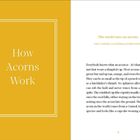 Links steht groß "How Acorns Work". Rechts ein Zitat: "The world runs on acorns." Text über Eicheln darunter.