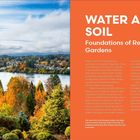 Text: "WATER AND SOIL Foundations of Resilient Gardens." Links bunter Garten mit Bäumen und See im Hintergrund.