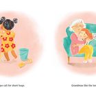 "Hot days call for short hugs. Grandmas like the long ones." Zwei Mädchen umarmen sich, Oma umarmt Kind im Sessel.