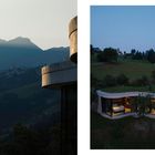 Links Berglandschaft in der Dämmerung. Rechts modernes Haus mit begrüntem Dach in hügeliger Umgebung.