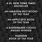 Texte mit Auszeichnungen auf dunklem, geometrischem Hintergrund: New York Times Bestseller, Amazon, Apple, Goodreads und Hudson.