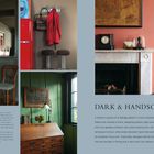 "Dark & Handsome," Farbpalette rechts mit Farbenamen: Picture Gallery Red, Pelt, Brinjal, Tanner's Brown und mehr. Vintage-Einrichtungsszenen.