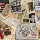 Verschiedene Stoffmuster, Fotos und Illustrationen mit Texten: „Florence Teillet Textiles“, „Osborne & Little trimmings“.