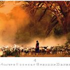 Ziegenherde, Monat April, Bäume im Hintergrund, Hirte in traditioneller Kleidung, staubige Atmosphäre bei Sonnenuntergang.