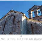 Text: "Kirche Pula", "4", "CASARES EDITION". Steinige Kirchenfassade mit Glockenturm und Kreuz gegen blauen Himmel.
