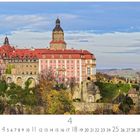 Schloss Walbrzych. Kalender mit Zahl 4. Großes, beeindruckendes Schloss mit roten Dächern in herbstlicher Landschaft.