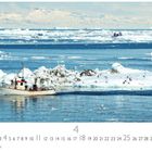 Text: „Fischerboot“. Kalenderansicht mit Datum. Ein Fischerboot navigiert durch eisige Gewässer, Möwen fliegen.
