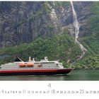 "Geirangerfjord", Kalenderblatt mit einem Kreuzfahrtschiff vor einer steilen Felswand und einem Wasserfall im Hintergrund.