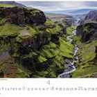 „Thorsmork Berge, Canyon und Fluss“, darunter ein Kalender mit Zahlen. Eine grüne Landschaft mit einem Fluss im Tal.