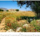 "Kreta Blumenwiese", darunter Kalenderblatt: April. Landschaft mit Wiese, roten Blumen, einem Pfad und einem alten Gebäude.
