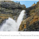 "Takakkaw" in Bildunterschrift, April Kalenderblatt, Wasserfall rauscht über steile, felsige Klippen nach unten.