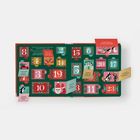 Ein Adventskalender mit den Zahlen 1 bis 24, weihnachtlichen Illustrationen und kurzen Texten in bunten Kästchen.