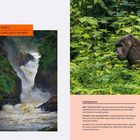 **Text auf der linken Seite:** Uganda; Water drips into your eyes...

**Text auf der rechten Seite:** MARCH; GORILLAS IN THE MIST; EXPERIENCES...

Links: Wasserfall im Wald. Rechts: Gorilla mit Jungem im dichten Grün.