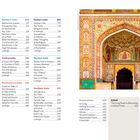 Inhaltsverzeichnis mit Kapiteln über Indien. Rechts eine farbenfrohe Illustration eines verzierten Bogens.