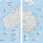 Australienkarte mit Reisezielen: Purnululu, Kakadu, Great Barrier Reef, Uluru, Ningaloo Reef. Highlights und Nummerierungen.
