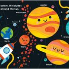 Text über Sonnensystem, acht Planeten, "Pluto ist jetzt ein Zwergplanet". Illustration von Planeten mit Gesichtern.