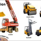 Text: "Construction", "front loader", "bulldozer", "crane", "road roller", "forklift", "cement mixer", "dump truck". Verschiedene Baufahrzeuge.