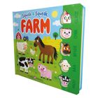 Illustration eines Kinderbuchs mit Tieren, Titel: "Squish & Squeak FARM". Geräusche: CLUCK, OINK, NEIGH, BAA, MOO.