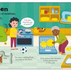 "The kitchen. The kitchen is always a busy place at mealtimes." Eine Illustration einer belebten Küche mit Menschen, die kochen und essen.